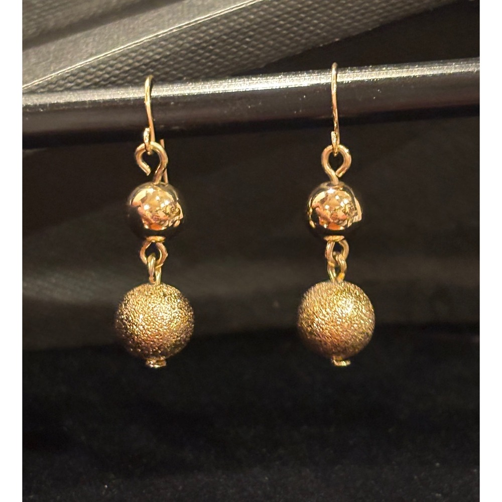 Gold Tone Two Tier Bead Dangle Earrings Smooth and Textured Stardust Drop